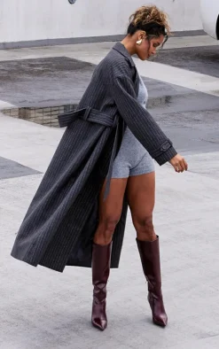 PrettyLittleThing Wool Coats*Pinstripe Wool Look Double Breasted Belted Coat