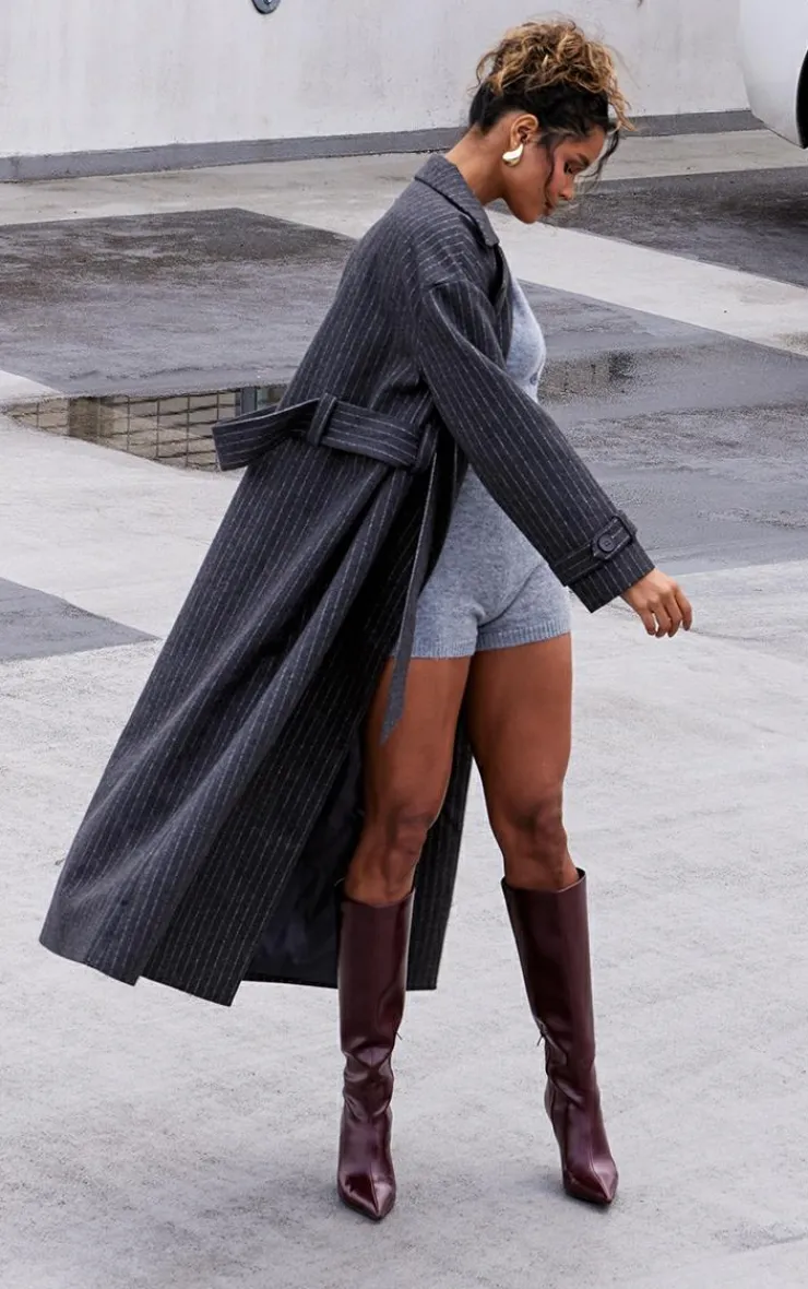 PrettyLittleThing Wool Coats*Pinstripe Wool Look Double Breasted Belted Coat
