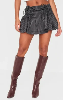 Charcoal Pinstripe Woven Ruched Front Peplum Mini Skirt