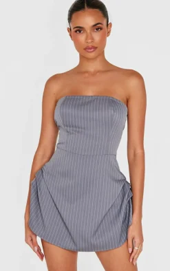Charcoal Pinstripe Woven Bandeau Ruched Side Skort Romper