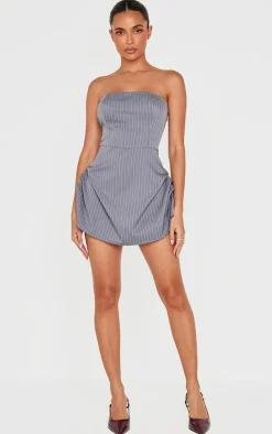 Charcoal Pinstripe Woven Bandeau Ruched Side Skort Romper