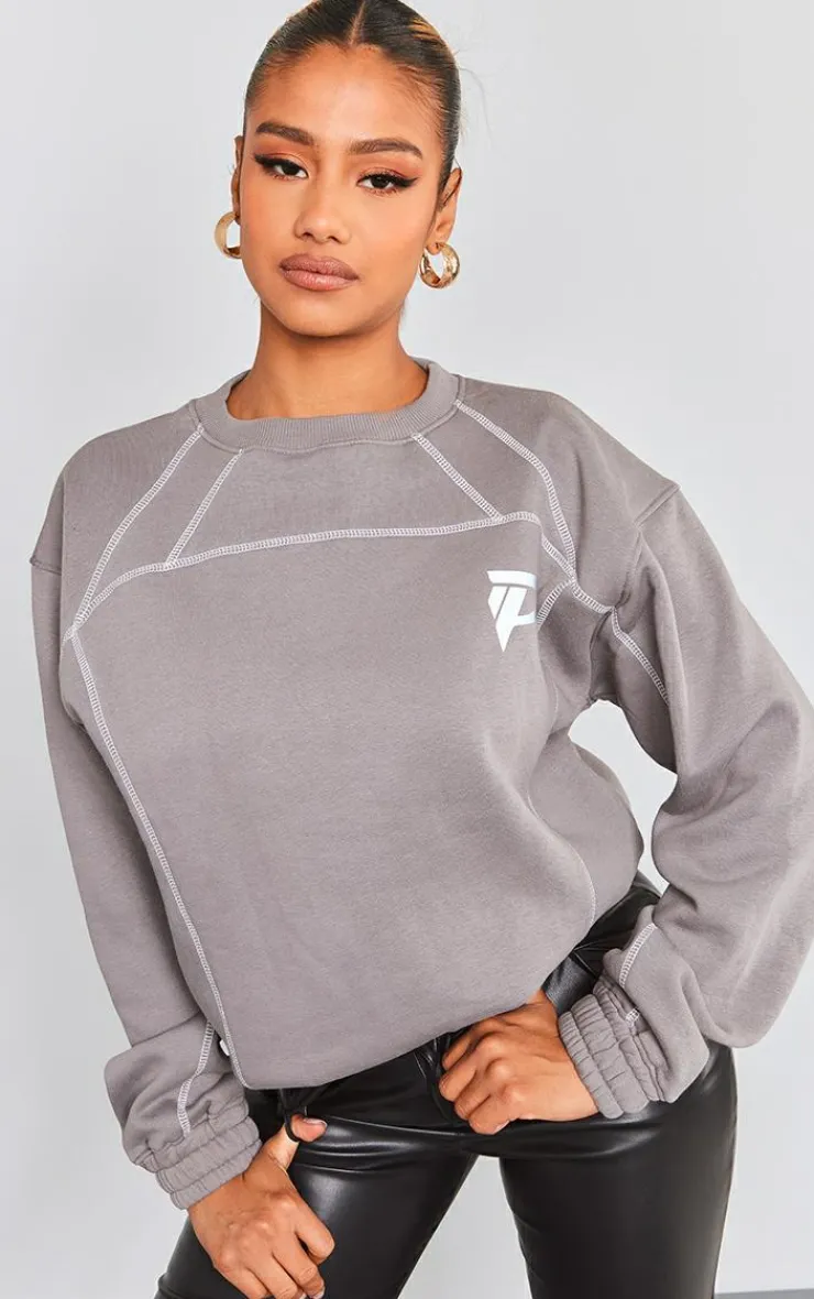 PrettyLittleThing Oversized Sweaters*Reflective P Printed Exposed Stitching Oversized Sweatshirt