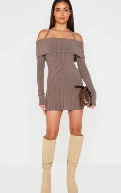 Rib Bardot Fold Over Bodycon Dress-PrettyLittleThing Online