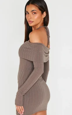 Rib Bardot Fold Over Bodycon Dress-PrettyLittleThing Online
