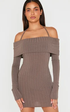 Rib Bardot Fold Over Bodycon Dress-PrettyLittleThing Online