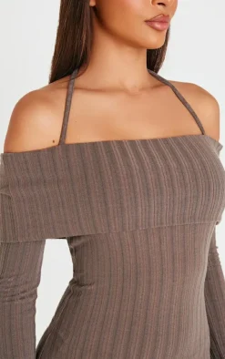 Rib Bardot Fold Over Bodycon Dress-PrettyLittleThing Online