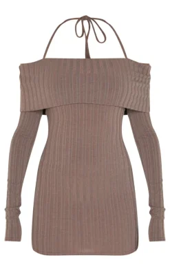 Rib Bardot Fold Over Bodycon Dress-PrettyLittleThing Online