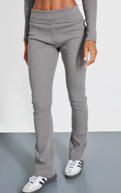 Best PrettyLittleThing Rib Fold Over Waist Flared Pants Charcoal