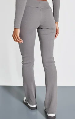 Best PrettyLittleThing Rib Fold Over Waist Flared Pants Charcoal