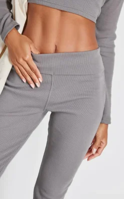 Best PrettyLittleThing Rib Fold Over Waist Flared Pants Charcoal