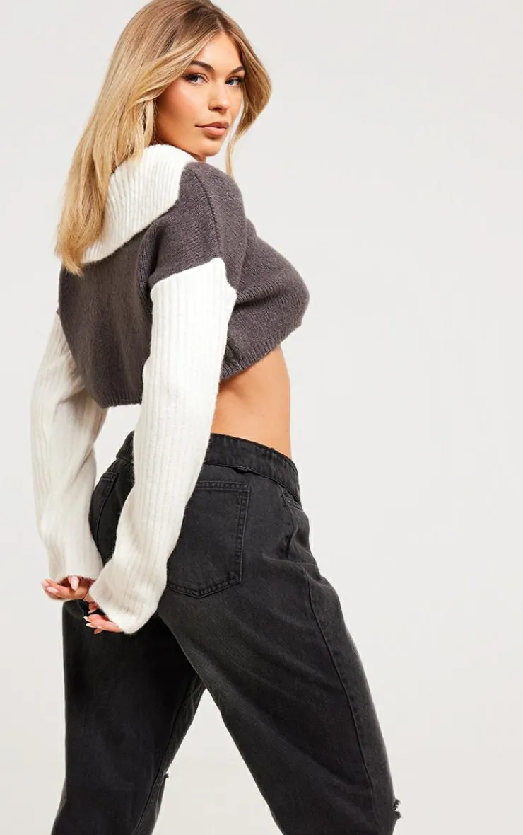 PrettyLittleThing Sweaters*Rib Knit Contrast Detailing Varsity Cropped Half Zip