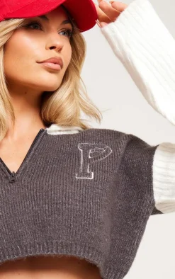 PrettyLittleThing Sweaters*Rib Knit Contrast Detailing Varsity Cropped Half Zip