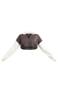 PrettyLittleThing Sweaters*Rib Knit Contrast Detailing Varsity Cropped Half Zip