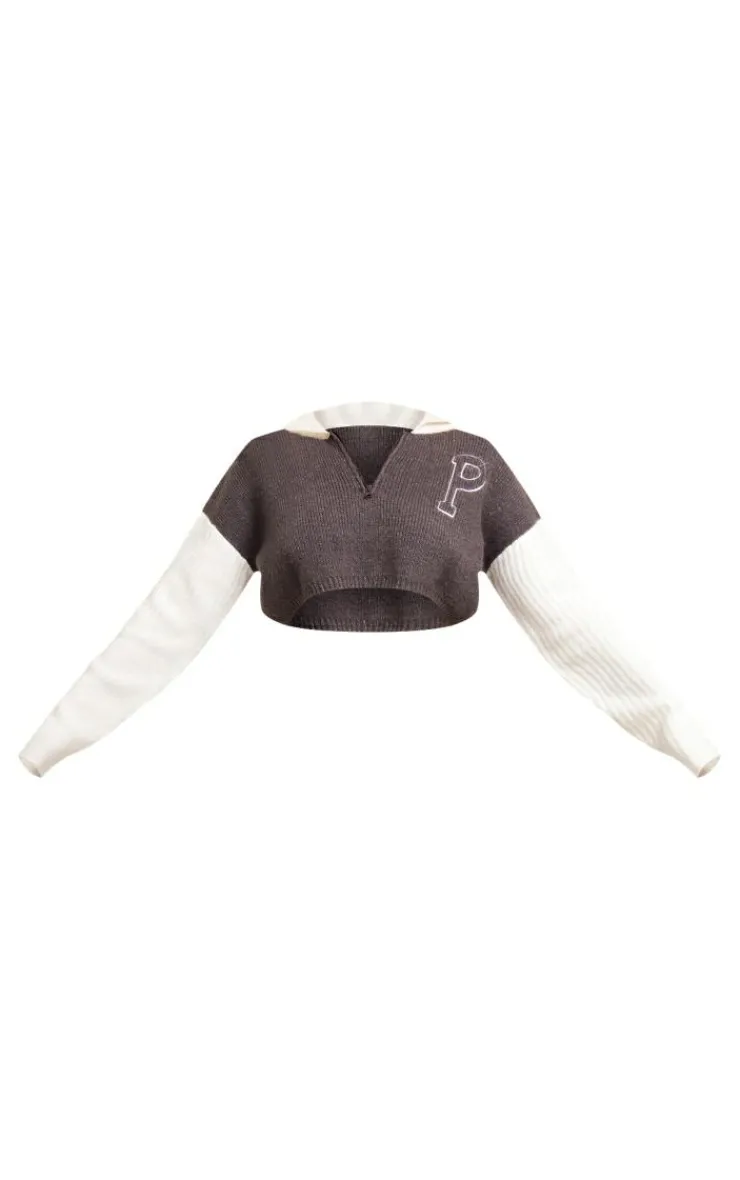 PrettyLittleThing Sweaters*Rib Knit Contrast Detailing Varsity Cropped Half Zip