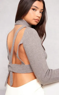 PrettyLittleThing Knitted Tops*Rib Knit Open Back Cropped Sweater