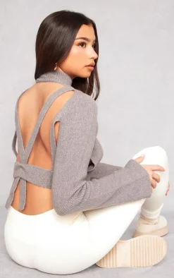 PrettyLittleThing Knitted Tops*Rib Knit Open Back Cropped Sweater