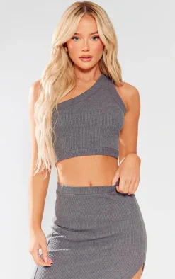 Discount PrettyLittleThing Rib One Shoulder Strappy Crop Top Charcoal