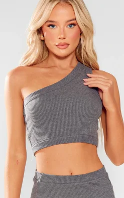 Discount PrettyLittleThing Rib One Shoulder Strappy Crop Top Charcoal