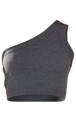Discount PrettyLittleThing Rib One Shoulder Strappy Crop Top Charcoal