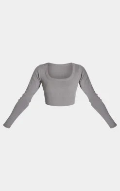 Online PrettyLittleThing Rib Scoop Neck Long Sleeve Crop Top Charcoal