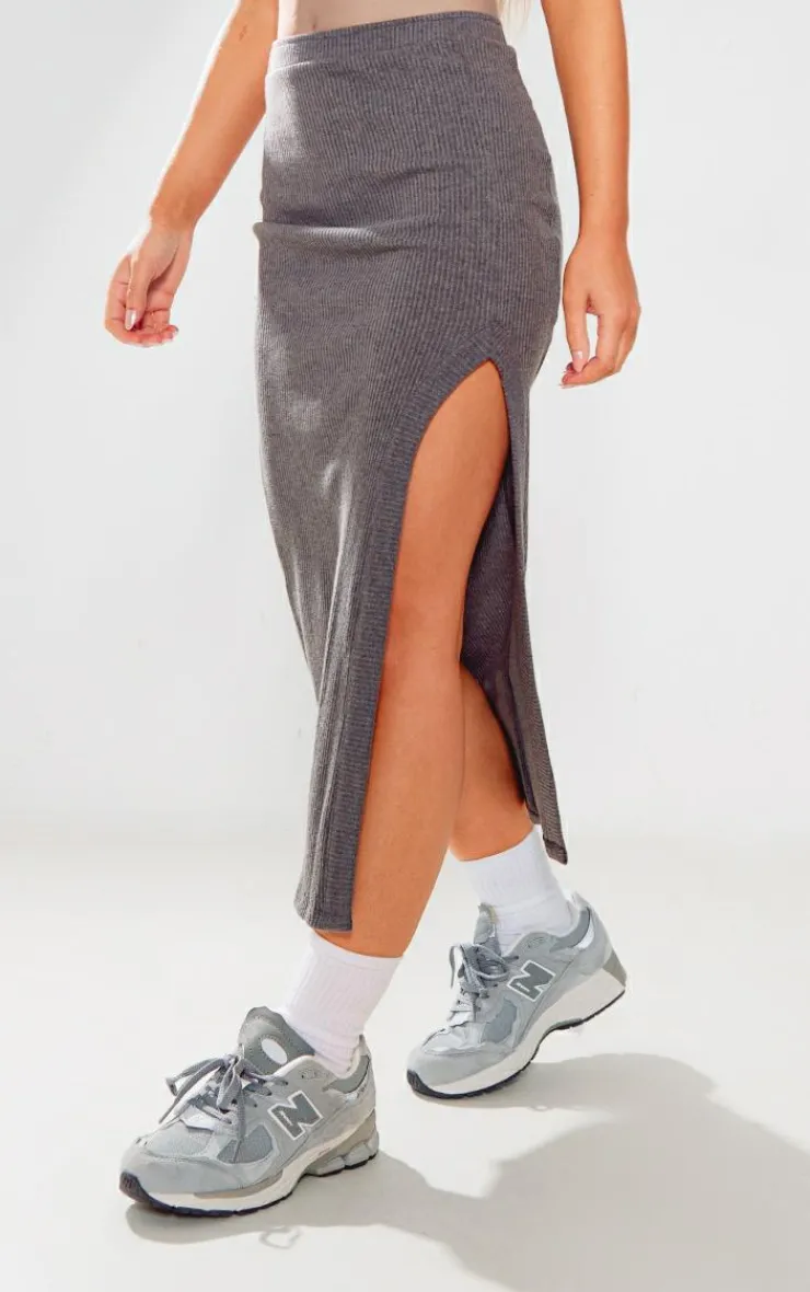 Discount PrettyLittleThing Charcoal Rib Split Midi Skirt Charcoal Grey