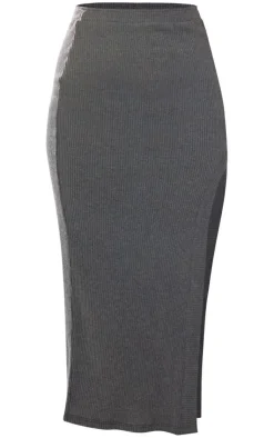 Discount PrettyLittleThing Charcoal Rib Split Midi Skirt Charcoal Grey