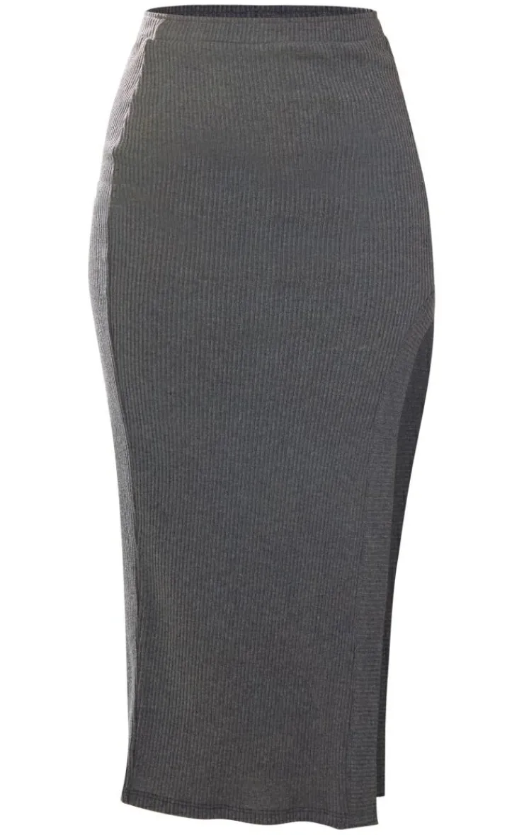 Discount PrettyLittleThing Charcoal Rib Split Midi Skirt Charcoal Grey