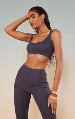 Sale PrettyLittleThing Rib Thick Strappy Bralet Charcoal