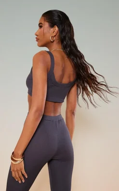 Sale PrettyLittleThing Rib Thick Strappy Bralet Charcoal
