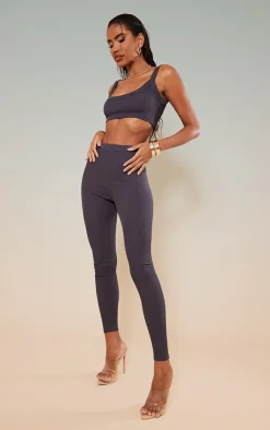 Sale PrettyLittleThing Rib Thick Strappy Bralet Charcoal