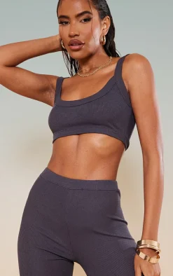 Sale PrettyLittleThing Rib Thick Strappy Bralet Charcoal