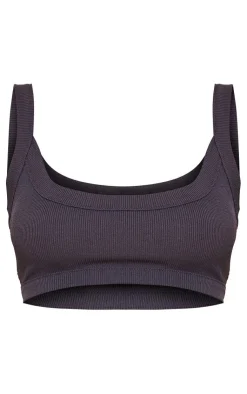 Sale PrettyLittleThing Rib Thick Strappy Bralet Charcoal