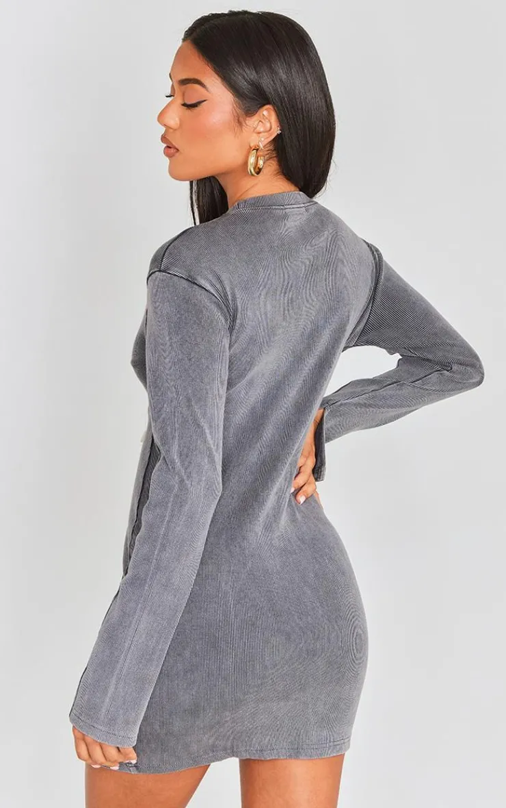 Ribbed Exposed Seam Long Sleeve Bodycon Dress-PrettyLittleThing Hot