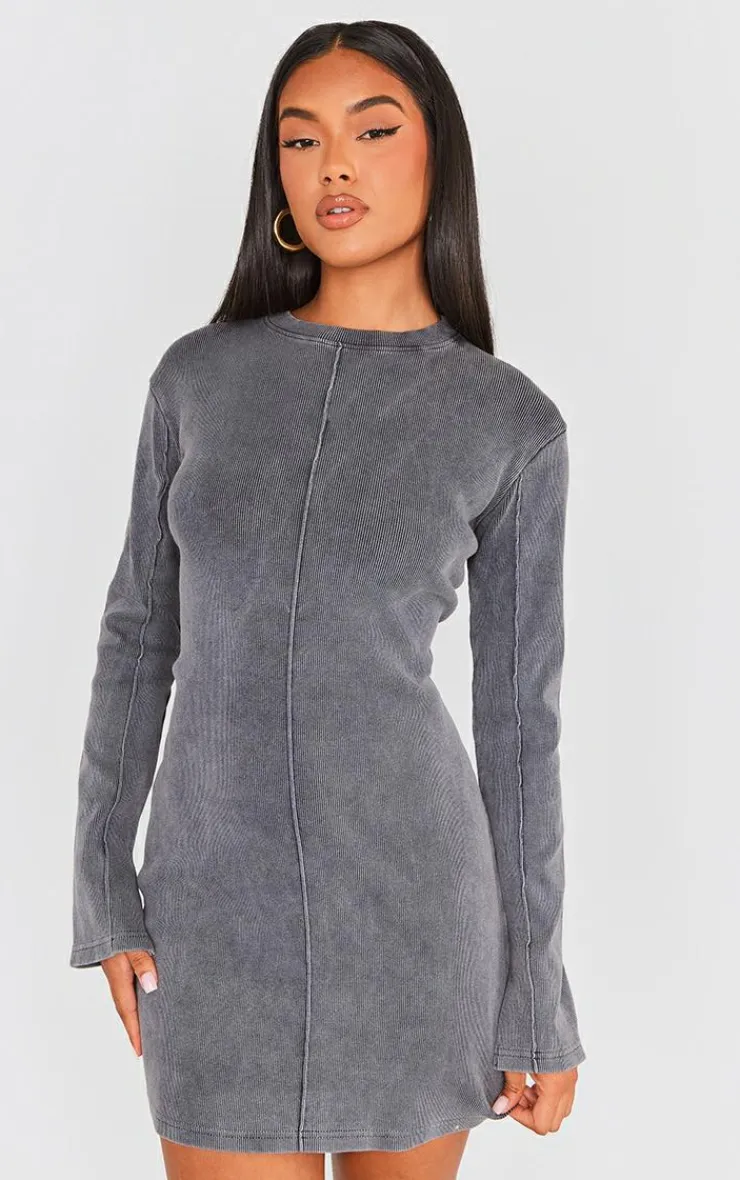 Ribbed Exposed Seam Long Sleeve Bodycon Dress-PrettyLittleThing Hot