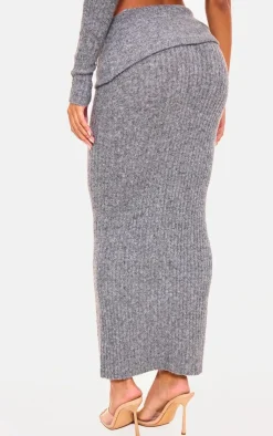 PrettyLittleThing Ribbed Knit Ruched Fold Over Maxi Skirt Charcoal