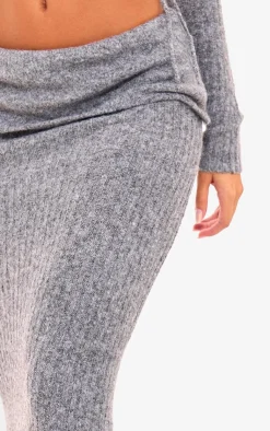 PrettyLittleThing Ribbed Knit Ruched Fold Over Maxi Skirt Charcoal