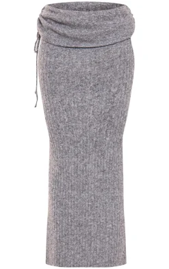 PrettyLittleThing Ribbed Knit Ruched Fold Over Maxi Skirt Charcoal