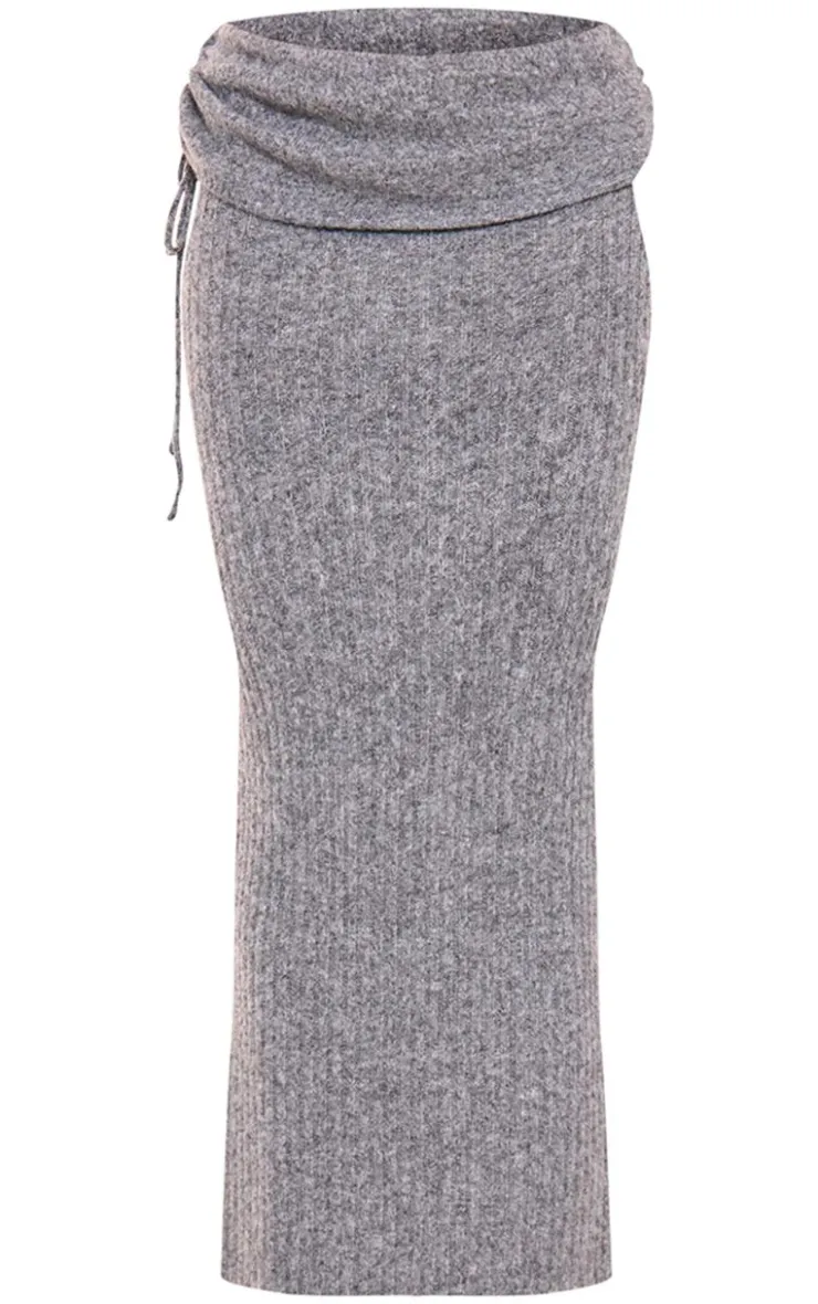 PrettyLittleThing Ribbed Knit Ruched Fold Over Maxi Skirt Charcoal