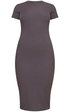Ribbed Short Sleeve Crew Neck Midi Dress-PrettyLittleThing
