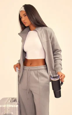 Outlet PrettyLittleThing Seam Detail Zip Through Track Top Charcoal