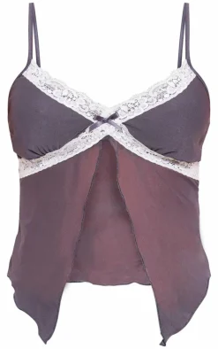 Best PrettyLittleThing Sheer Mesh Hanky Hem Lace Trim Cami Top Charcoal
