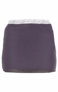 Sale PrettyLittleThing Sheer Mesh Lace Trim Low Rise Micro Mini Skirt Charcoal