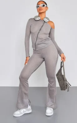 Clearance PrettyLittleThing Sheer Soft Rib Mid Rise Flared Pants Charcoal
