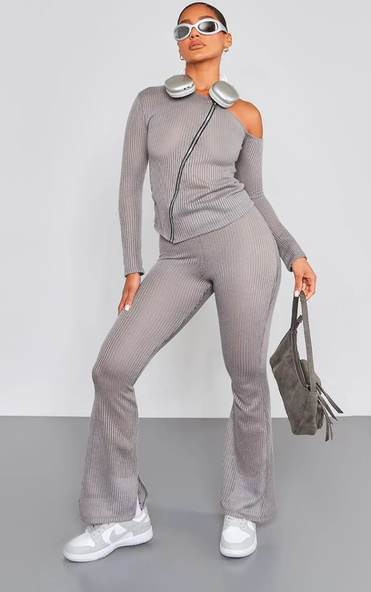 Clearance PrettyLittleThing Sheer Soft Rib Mid Rise Flared Pants Charcoal
