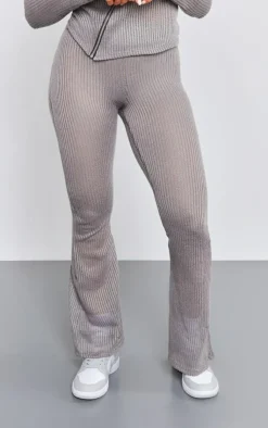 Clearance PrettyLittleThing Sheer Soft Rib Mid Rise Flared Pants Charcoal