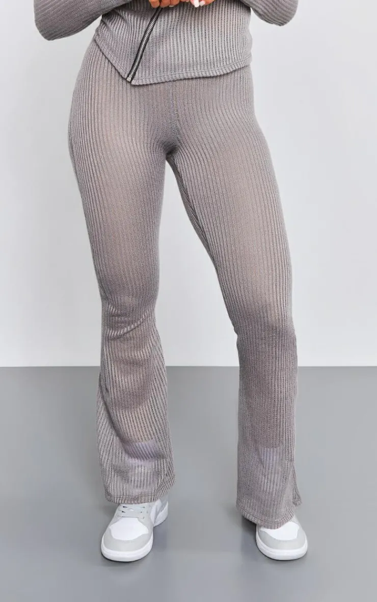 Clearance PrettyLittleThing Sheer Soft Rib Mid Rise Flared Pants Charcoal