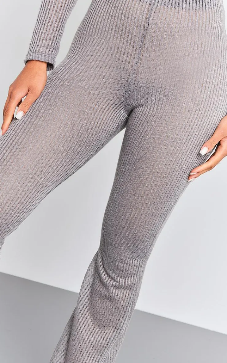 Clearance PrettyLittleThing Sheer Soft Rib Mid Rise Flared Pants Charcoal