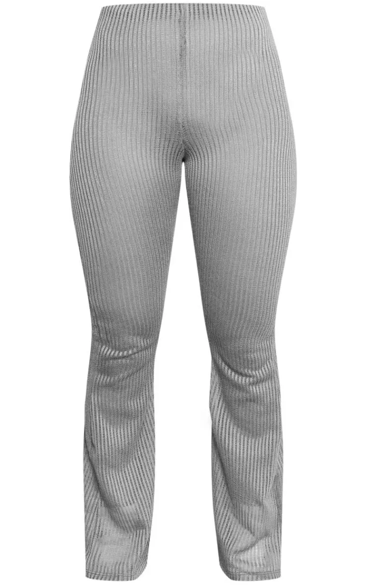 Clearance PrettyLittleThing Sheer Soft Rib Mid Rise Flared Pants Charcoal