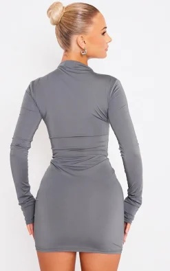 Slinky Cut Out High Neck Long Sleeve Bodycon Dress-PrettyLittleThing Sale