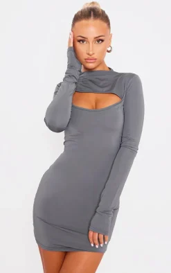 Slinky Cut Out High Neck Long Sleeve Bodycon Dress-PrettyLittleThing Sale